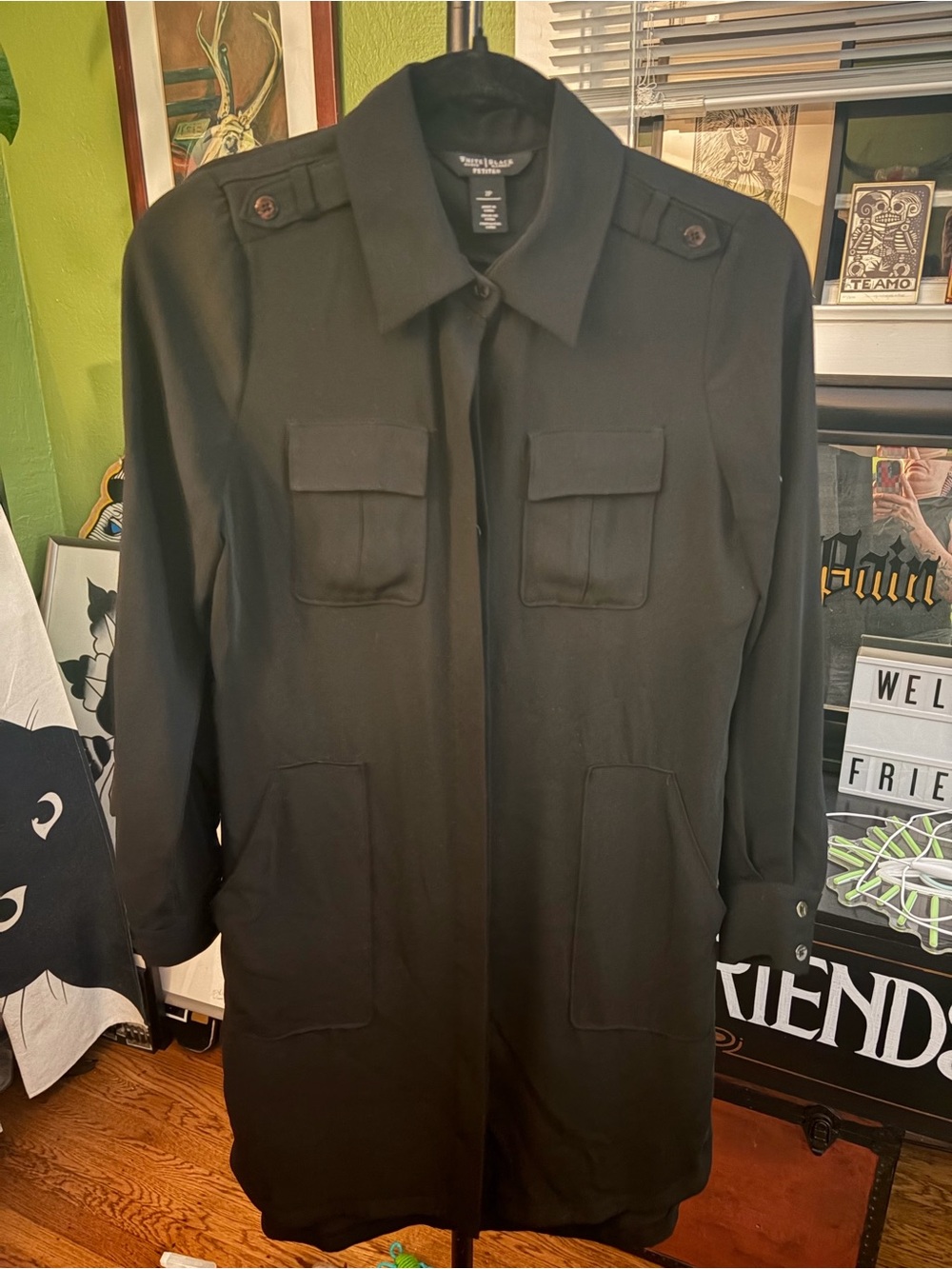 White House Black Market Black Longline Button-Front Utility Shirt